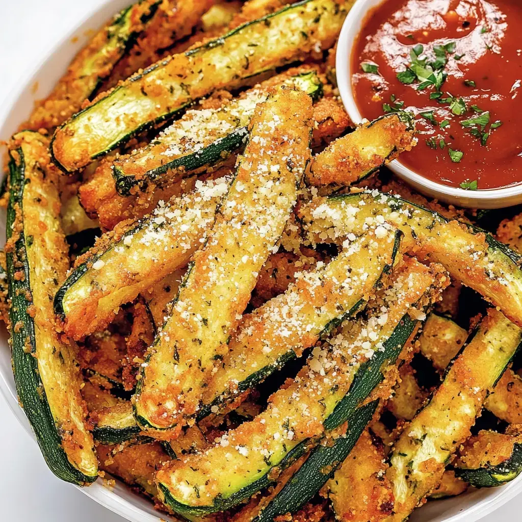 Eine Schale mit goldbraun gebackenen Zucchinisticks, serviert mit Marinara-Sauce und garniert mit geriebenem Käse.