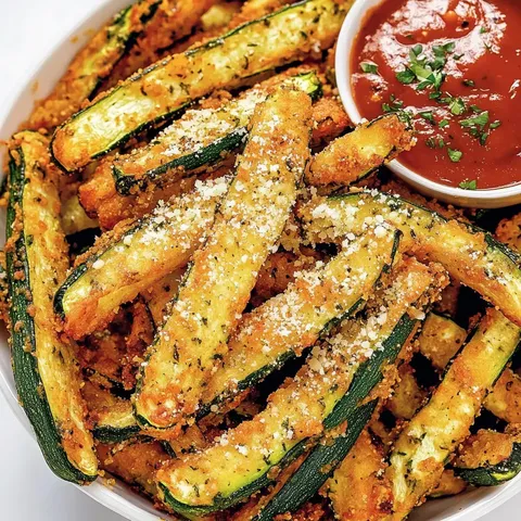 Eine Schale mit goldbraun gebackenen Zucchinisticks, serviert mit Marinara-Sauce und garniert mit geriebenem Käse.