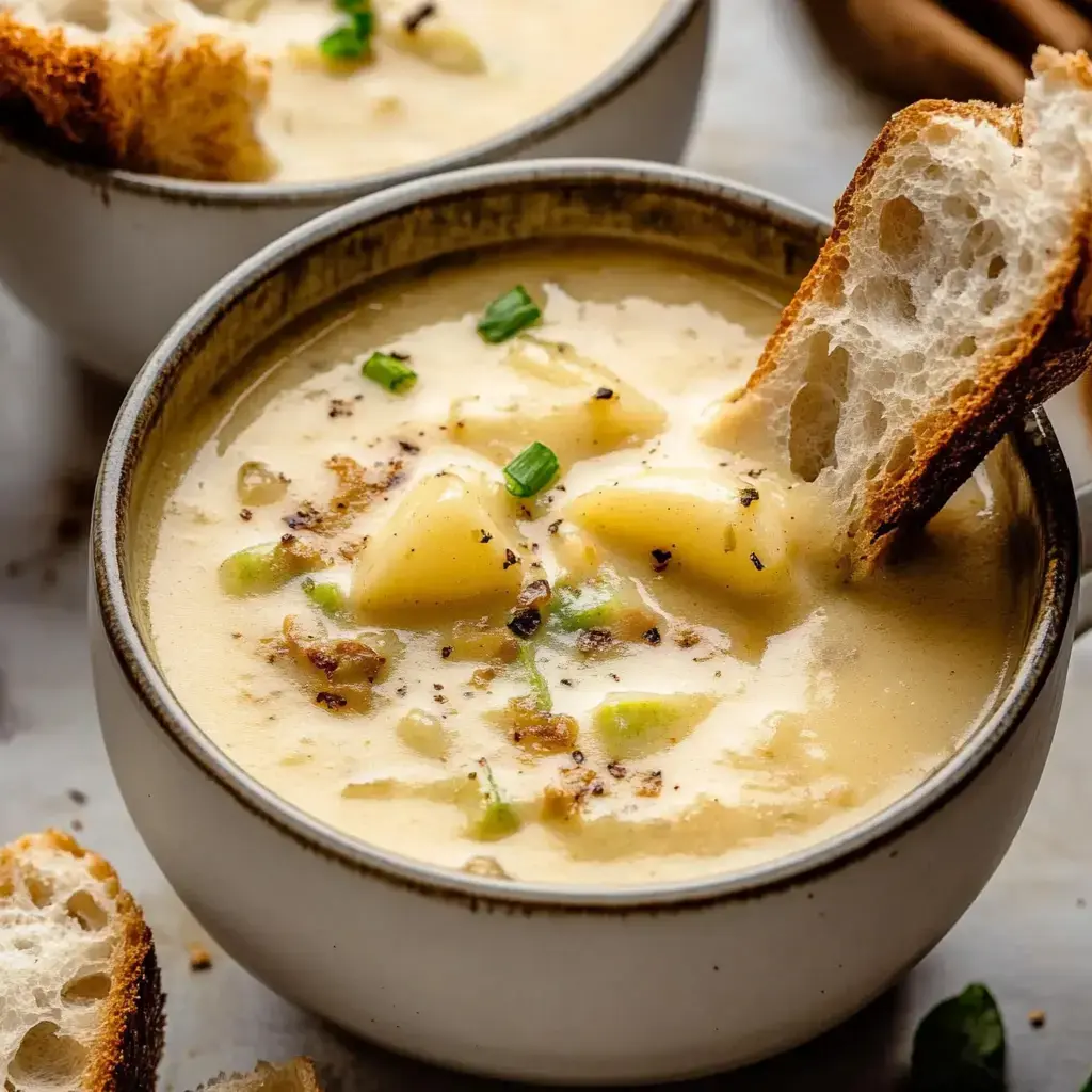 Nahaufnahme einer cremigen Suppe mit Kartoffeln und Frühlingszwiebeln – dazu ein Stück geröstetes Brot zum Eintauchen.