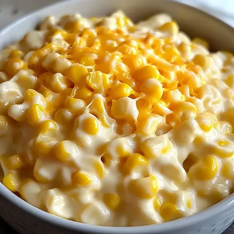 Eine Schüssel mit cremigem Mais, garniert mit geriebenem Käse.
