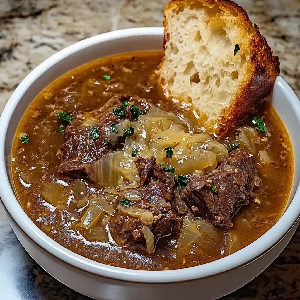 Eine Schüssel kräftiger Bouillon mit zartem Rindfleisch, Zwiebeln und Petersilie, serviert mit einer knusprigen Brotscheibe.