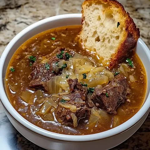 Eine Schüssel kräftiger Bouillon mit zartem Rindfleisch, Zwiebeln und Petersilie, serviert mit einer knusprigen Brotscheibe.