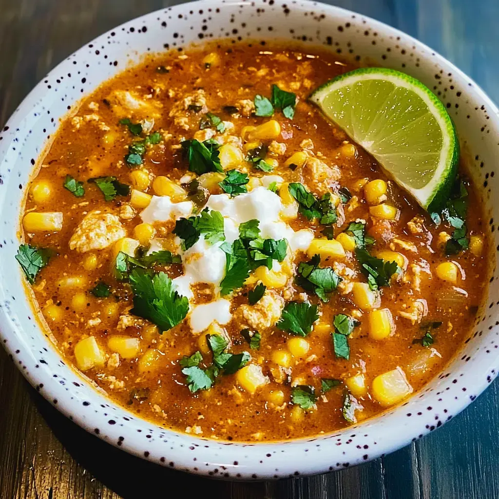 Eine Schüssel mit herzhaftem Chili, serviert mit Mais, Koriander und Sahne, garniert mit Limettenscheibe.
