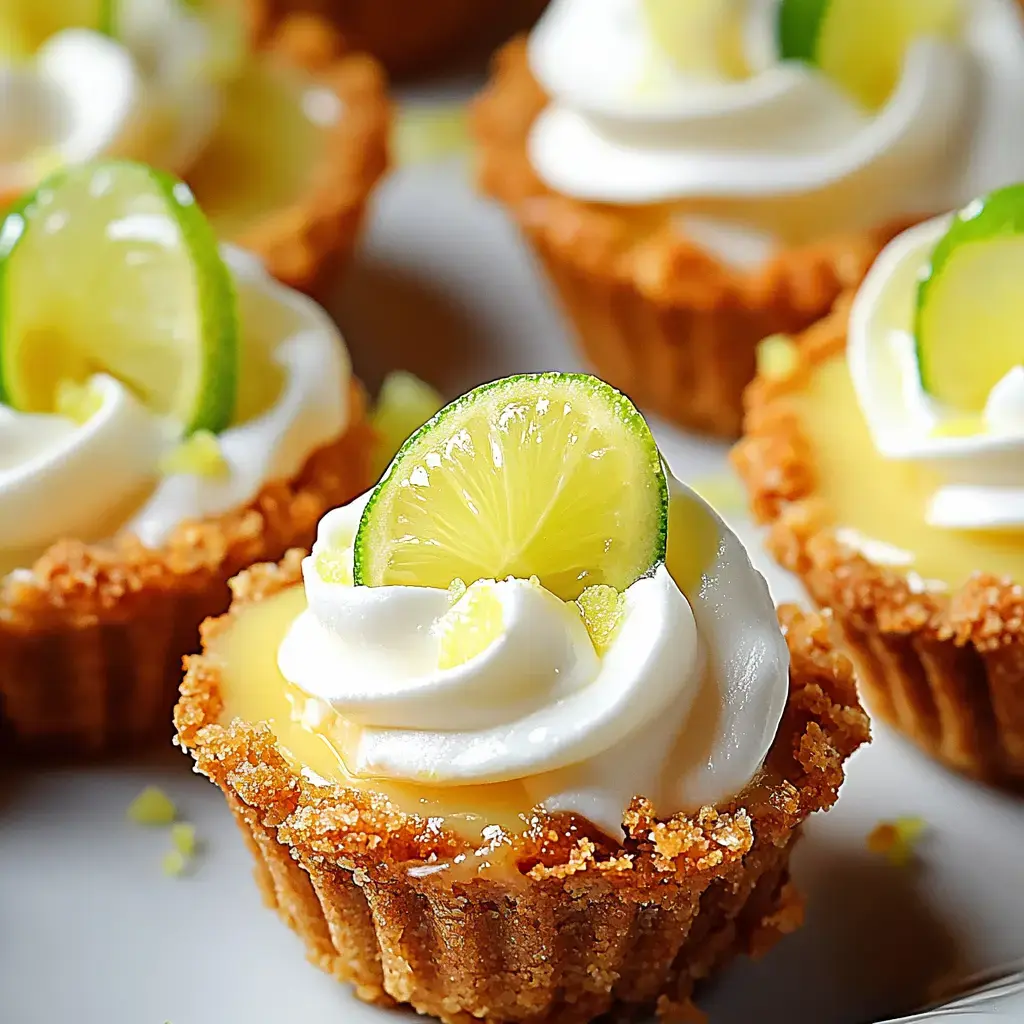 Nahaufnahme von kleinen Zitronentörtchen mit Schlagsahne und Limettenscheiben als Garnitur.