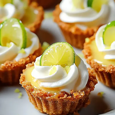 Nahaufnahme von kleinen Zitronentörtchen mit Schlagsahne und Limettenscheiben als Garnitur.
