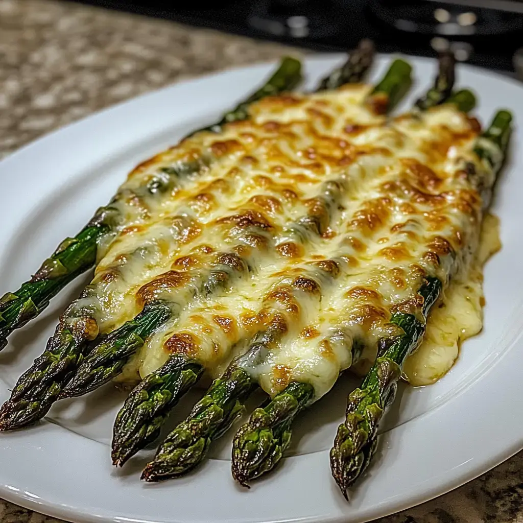 Gebackener Spargel mit geschmolzenem Käse, serviert auf einem weißen Teller.