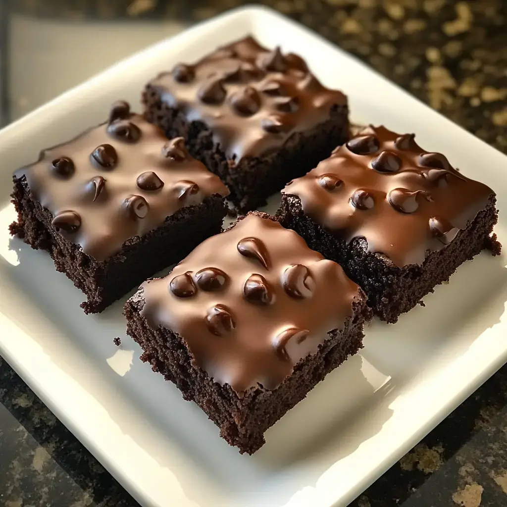 Ein Teller mit vier Schokoladen-Brownies, glänzender Ganache und Schokostückchen.