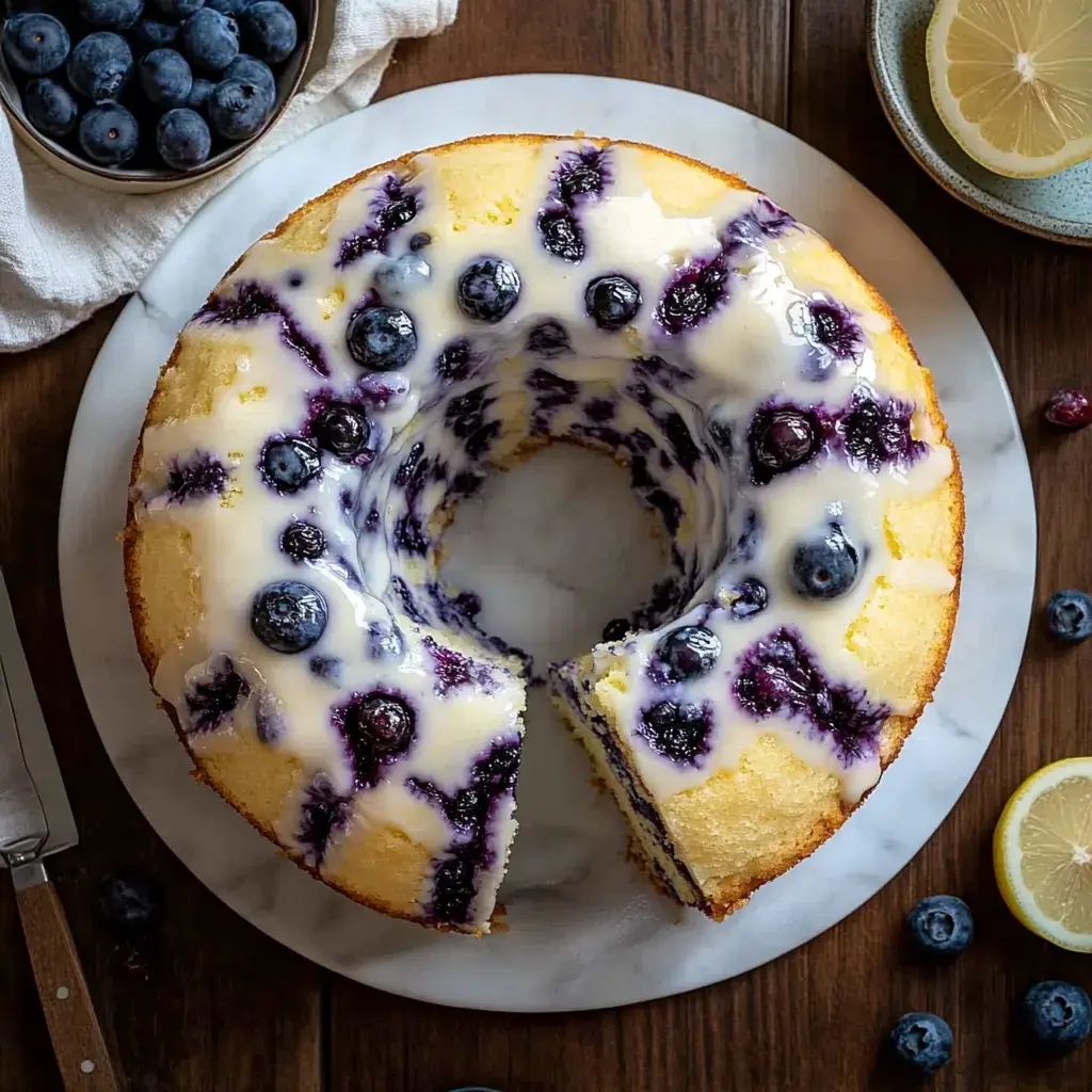 Ein aufgeschnittener Zitronen-Heidelbeer-Kuchen mit glänzender Glasur, garniert mit frischen Heidelbeeren und Zitronenstücken, serviert auf einem Marmortortenständer.