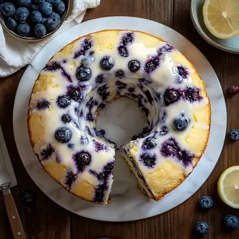 Ein aufgeschnittener Zitronen-Heidelbeer-Kuchen mit glänzender Glasur, garniert mit frischen Heidelbeeren und Zitronenstücken, serviert auf einem Marmortortenständer.