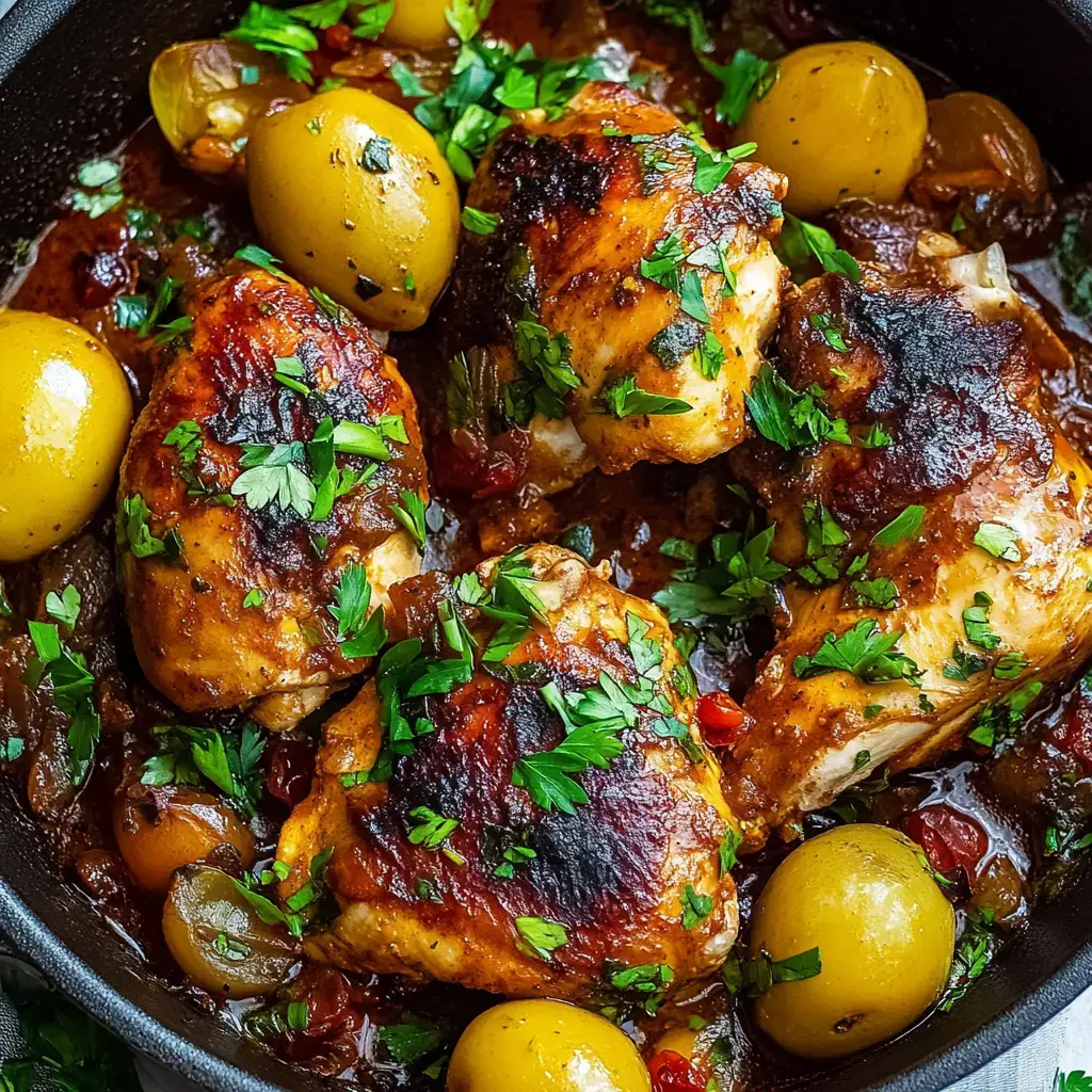 Eine Pfanne mit goldbraun gebratenem Hähnchen, garniert mit frischer Petersilie, umgeben von grünen Oliven und einer kräftigen Soße.