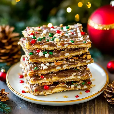 Ein Stapel dekorativer, mit Schokolade überzogener Leckereien, verziert mit roten und grünen Streuseln, auf einem festlichen Teller mit Weihnachtsschmuck.