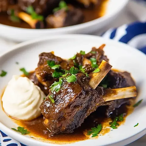 Ein Teller mit zarten Rinder-Rippchen in einer aromatischen Sauce, garniert mit Petersilie und dazu cremiges Kartoffelpüree.
