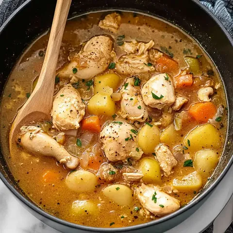 Ein Topf voller Hähnchen-Eintopf mit zarten Hähnchenstücken, Kartoffeln, Möhren und Kräutern, umgerührt mit einem Holzlöffel.