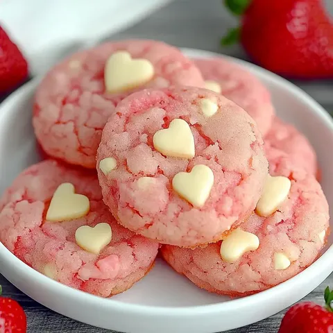 Ein Teller mit rosa herzförmigen Keksen mit weißer Schokolade, umgeben von frischen Erdbeeren.
