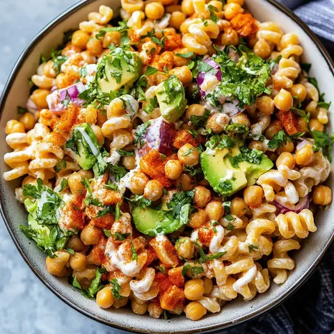 Eine bunte Schüssel mit Nudeln, Kichererbsen, Avocado und frischen Kräutern.