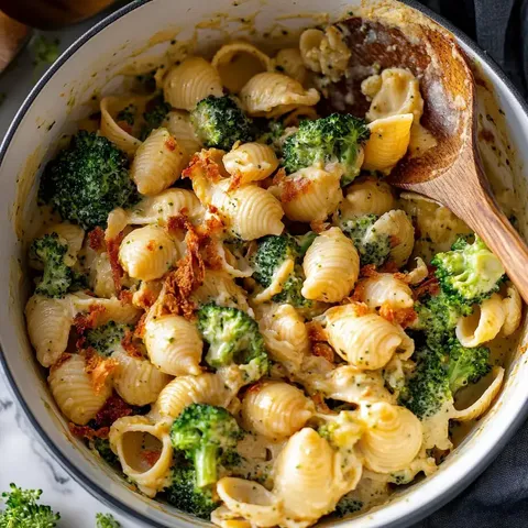 Ein cremiges Pastagericht mit Muschelnudeln, Brokkoli und knusprigen Toppings in einem Topf.