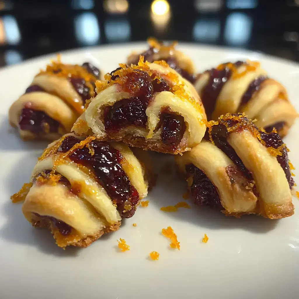 Ein Teller mit fertig gebackenen Gebäcken, gefüllt mit dunkler Fruchtkonfitüre und dekoriert mit etwas Orangenschale.