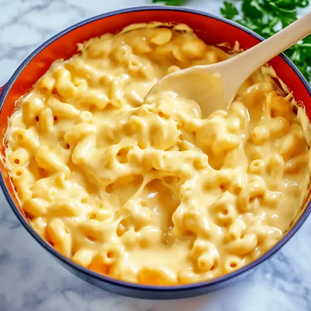 Eine Nahaufnahme von cremigen Macaroni und Käse in einer Schüssel, mit einem Holzlöffel darin.