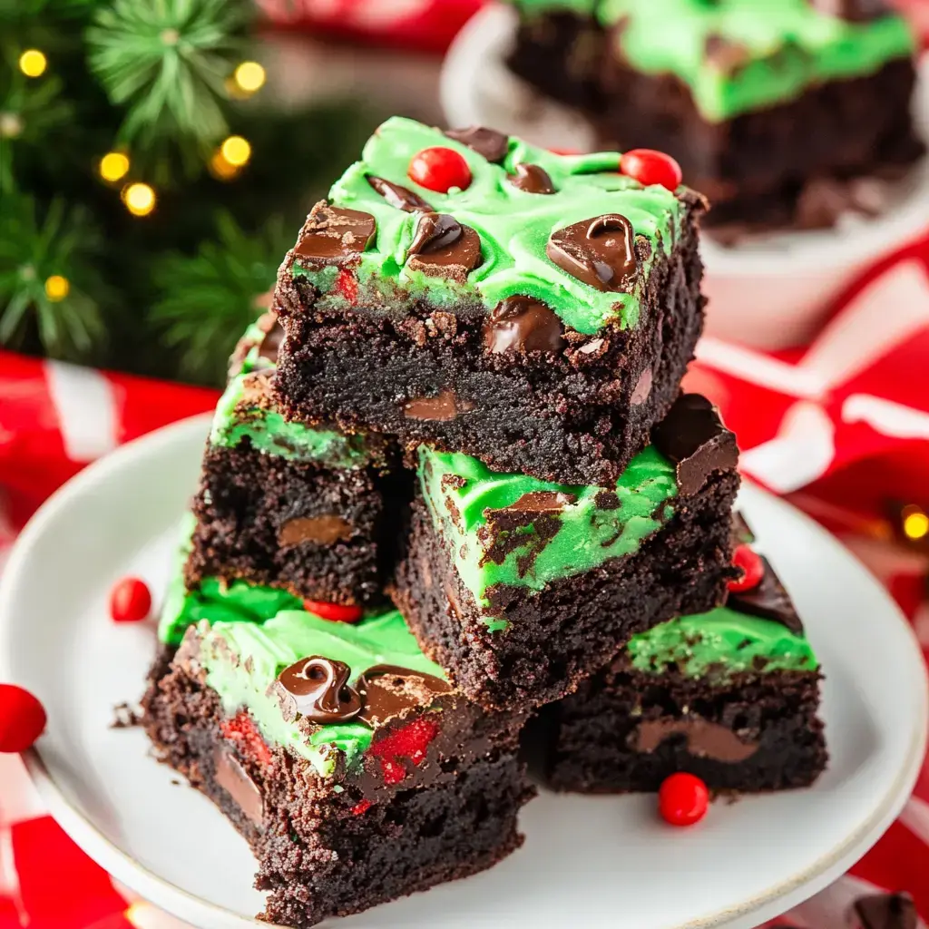 Ein Stapel festlicher Brownies mit grünem Zuckerguss, Schokoladenstückchen und roten Süßigkeiten dekoriert, vor weihnachtlicher Kulisse.