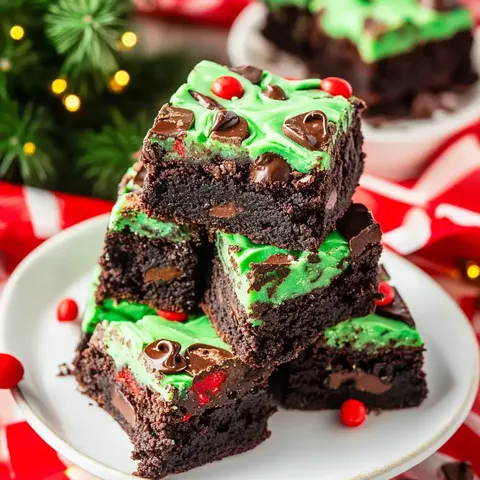 Ein Stapel festlicher Brownies mit grünem Zuckerguss, Schokoladenstückchen und roten Süßigkeiten dekoriert, vor weihnachtlicher Kulisse.