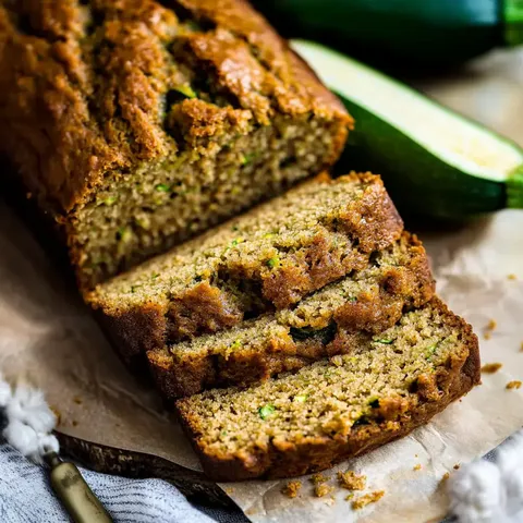 Ein frisch gebackener Zucchinikuchen wird auf einer Holzfläche aufgeschnitten; im Hintergrund sind eine ganze Zucchini und eine angeschnittene Zucchini zu sehen.