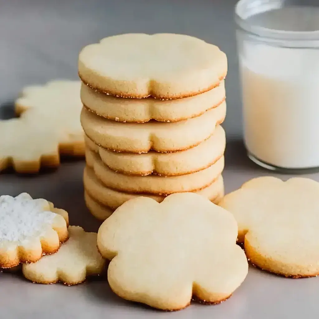 Ein Stapel blumenförmiger Plätzchen neben einem Glas Milch und verstreuten Plätzchen.