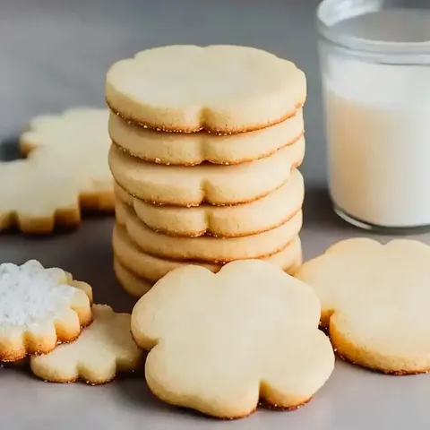 Ein Stapel blumenförmiger Plätzchen neben einem Glas Milch und verstreuten Plätzchen.