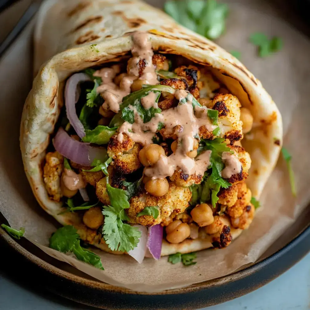 Nahaufnahme eines Wraps mit geröstetem Blumenkohl, Kichererbsen, roten Zwiebeln, frischem Koriander und cremiger Sauce, auf einem Teller serviert.