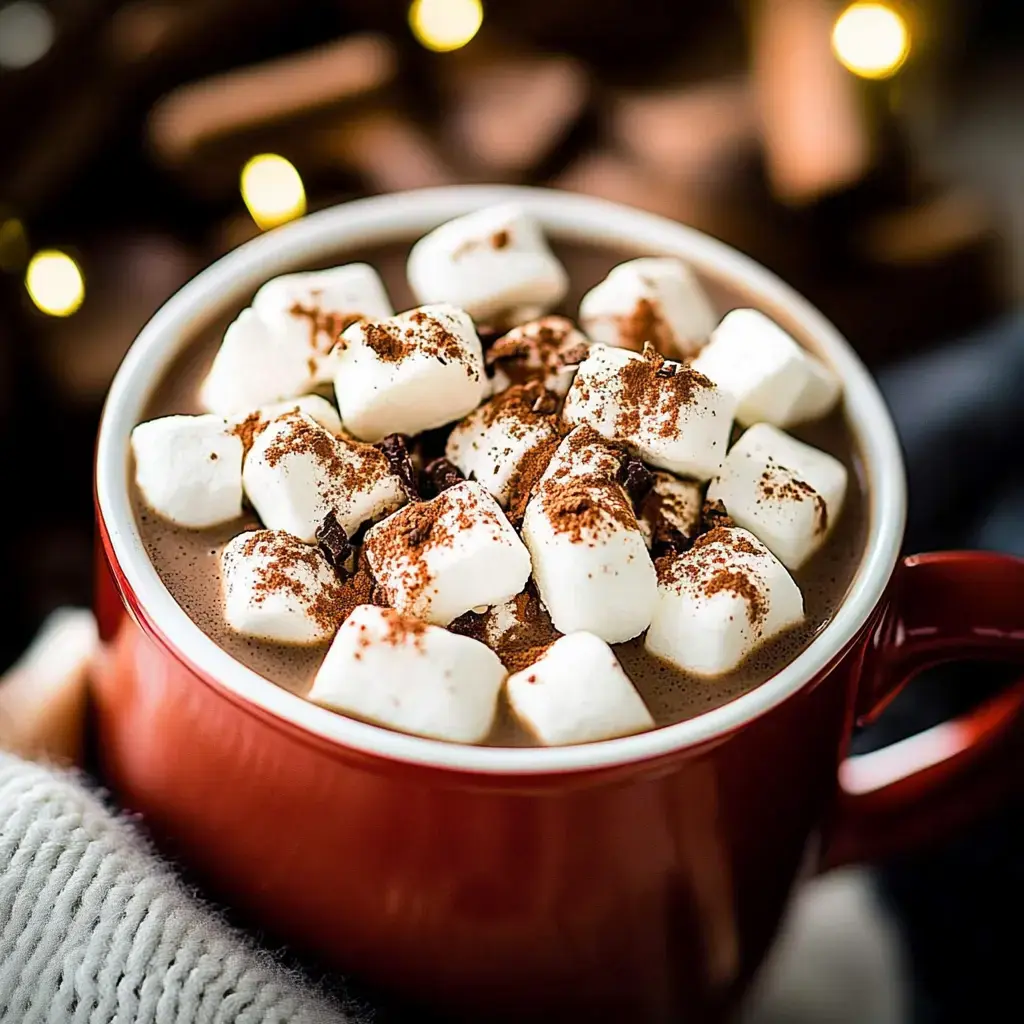 Nahaufnahme einer roten Tasse mit heißer Schokolade, garniert mit Marshmallows und Kakao bestäubt.
