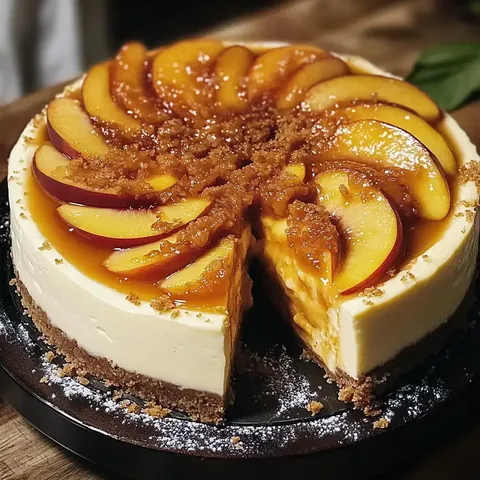 Cremiger Käsekuchen mit karamellisierten Pfirsichen und braunem Zucker, ein angeschnittener Kuchen auf einem dunklen Teller.