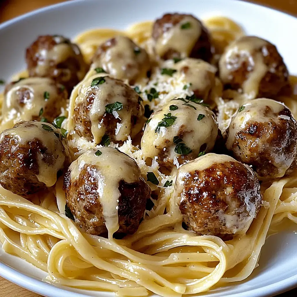 Ein Teller Spaghetti mit Käse überzogenen Klöpse, garniert mit frischer Petersilie.