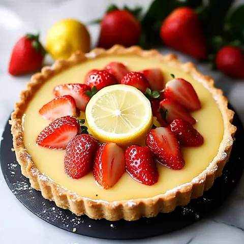 Ein wunderschöner Zitronenkuchen, dekoriert mit frischen Erdbeeren und einer Zitronenscheibe. Daneben liegen Erdbeeren auf einer Marmorfäche.