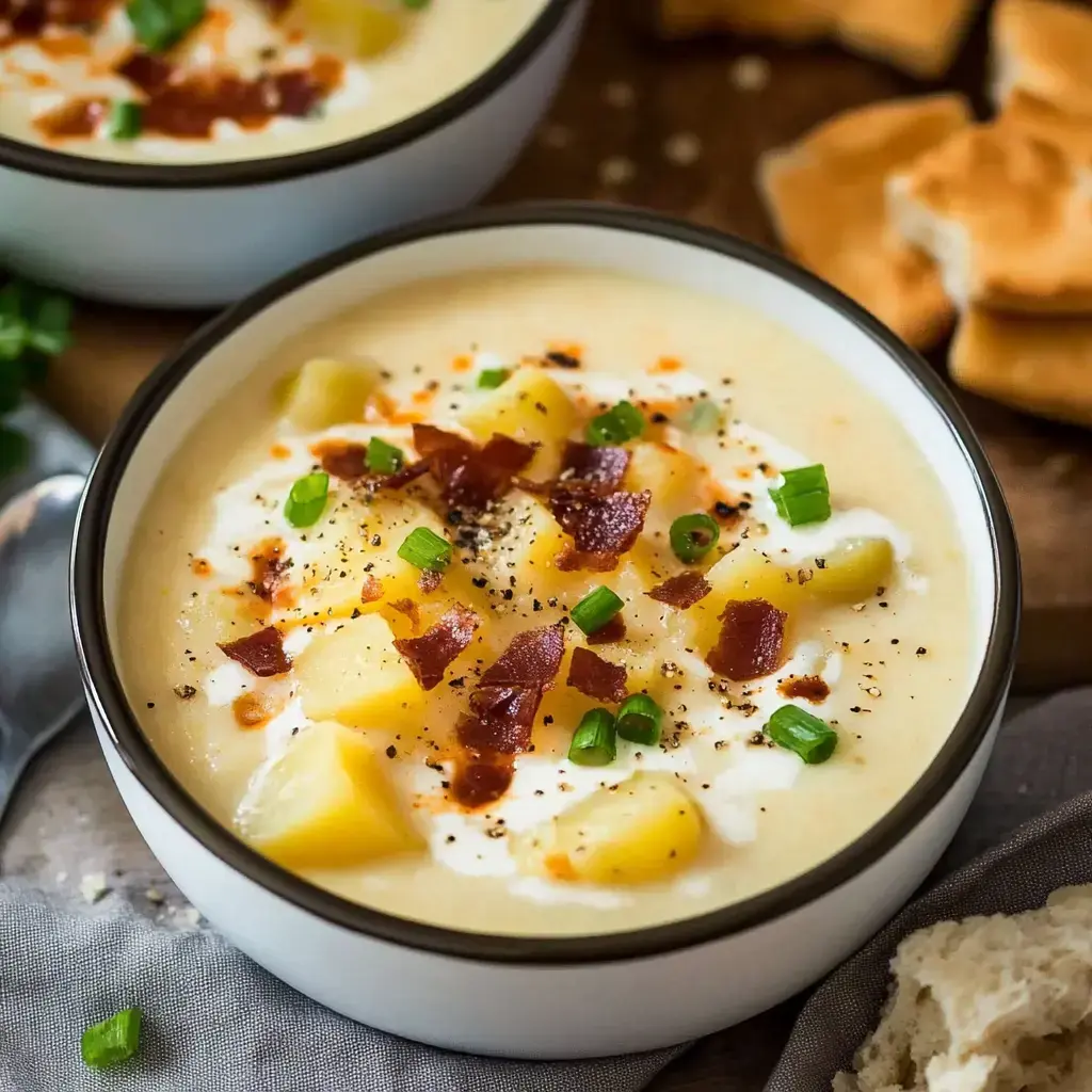 Eine Schale cremige Kartoffelsuppe mit Speck, gehackten Frühlingszwiebeln und Kartoffelstückchen, dazu Brotstücke.