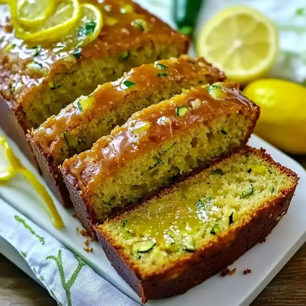 Ein frisch gebackenes Zucchini Zitronenbrot, das angeschnitten ist und seine saftige Textur zeigt, dekoriert mit Zitronenscheiben und Glasur.