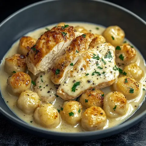 Ein Teller mit geschnittenem Hähnchenbrustfilet in cremiger Sauce, begleitet von goldenen Kartoffelgnocchi und garniert mit frischer Petersilie.