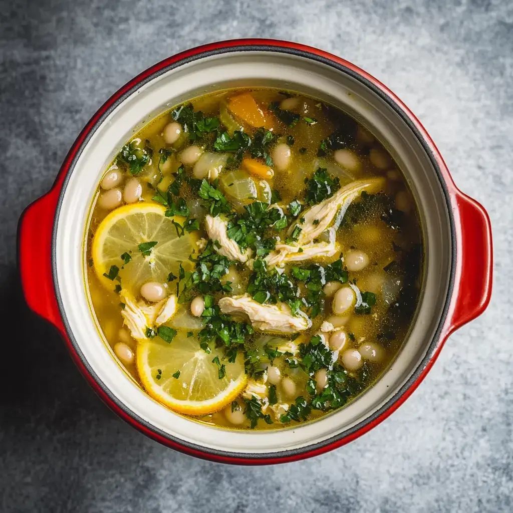 Ein bunter Teller Suppe mit Hühnchen, weißen Bohnen, Zitronenscheiben und frischen Kräutern.