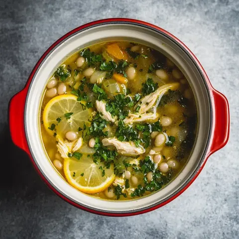 Ein bunter Teller Suppe mit Hühnchen, weißen Bohnen, Zitronenscheiben und frischen Kräutern.
