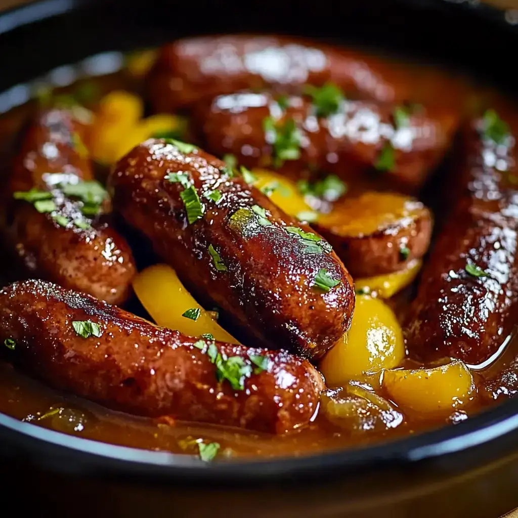 Nahaufnahme von saftigen Würstchen, die in einer aromatischen Soße köcheln, garniert mit frischen Kräutern und gelben Früchten.
