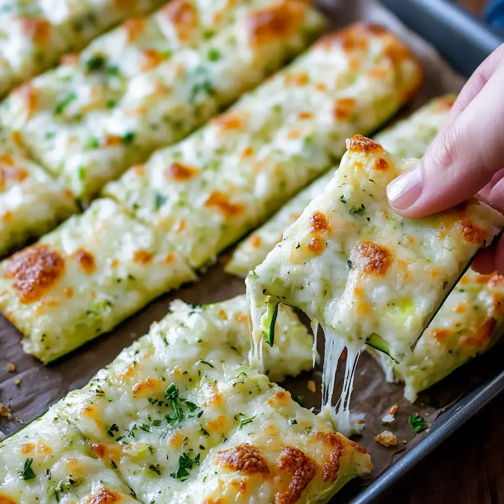 Eine Hand hebt eine goldbraune, mit Käse überbackene Zucchini-Stange von einem Backblech voller knuspriger Sticks.