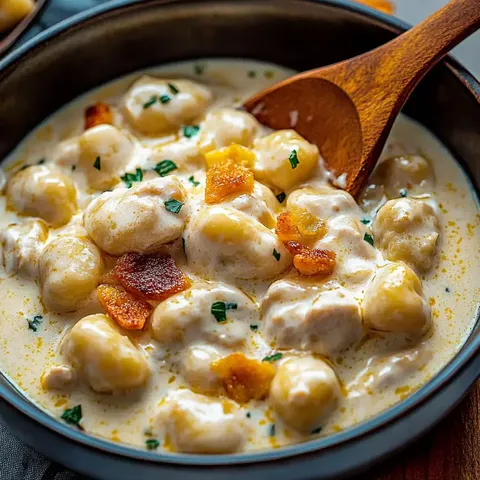 Nahaufnahme einer Schüssel mit cremigen Gnocchi, garniert mit knusprigen Baconscheiben und Kräutern.