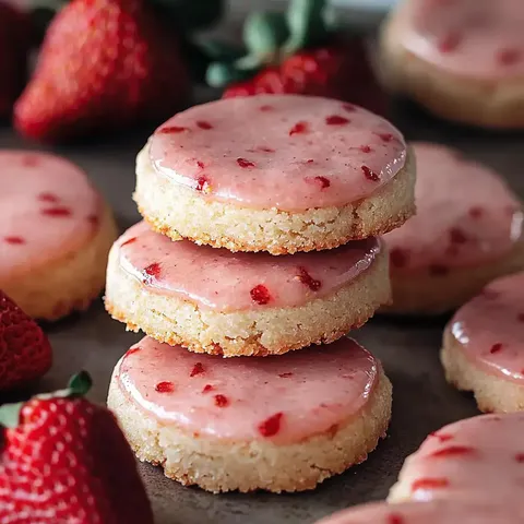 Ein Stapel runder, erdbeerglasierter Kekse mit frischen Erdbeeren auf dunklem Untergrund.