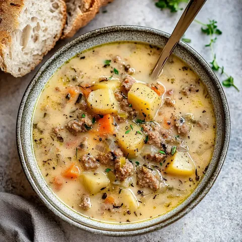 Eine Schale cremige Suppe mit Hackfleisch, Kartoffeln, Karotten und Kräutern, serviert mit Brotscheiben.