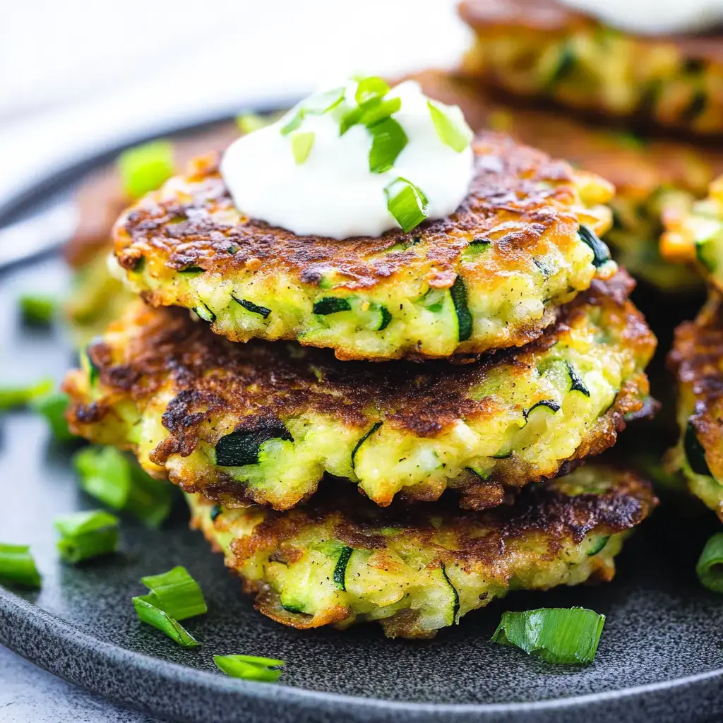 Ein Stapel goldbrauner Zucchini-Puffer mit einem Klecks Sauerrahm, garniert mit gehackten Frühlingszwiebeln auf einem schwarzen Teller.