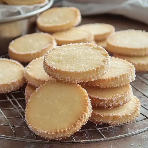 Nahaufnahme von hellen, runden Zuckergebäckkeksen auf einem Abkühlgitter, einige mit Zucker bestreut.