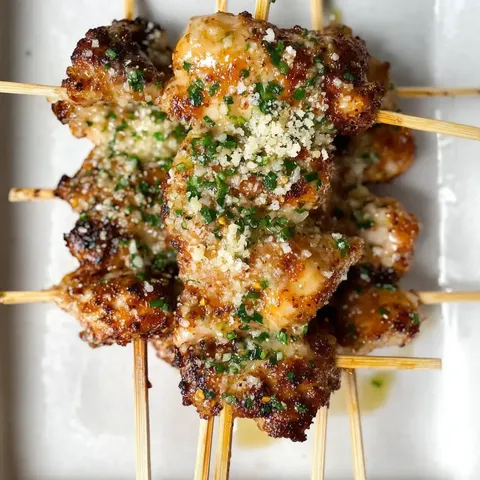 Ein Nahaufnahme von gegrillten Spießen, garniert mit Kräutern und geriebenem Käse auf einem weißen Teller.