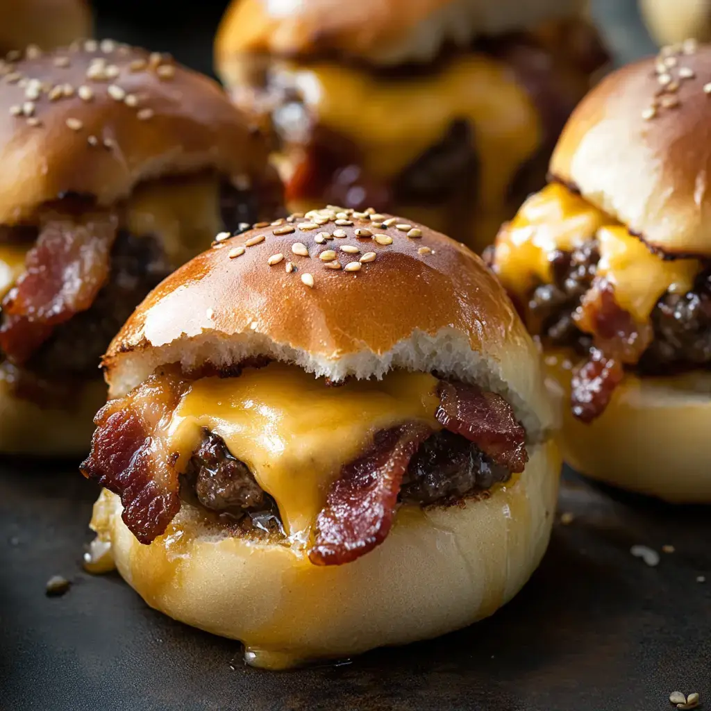 Detailaufnahme von Bacon-Burgern mit geschmolzenem Käse und Sesambrötchen.