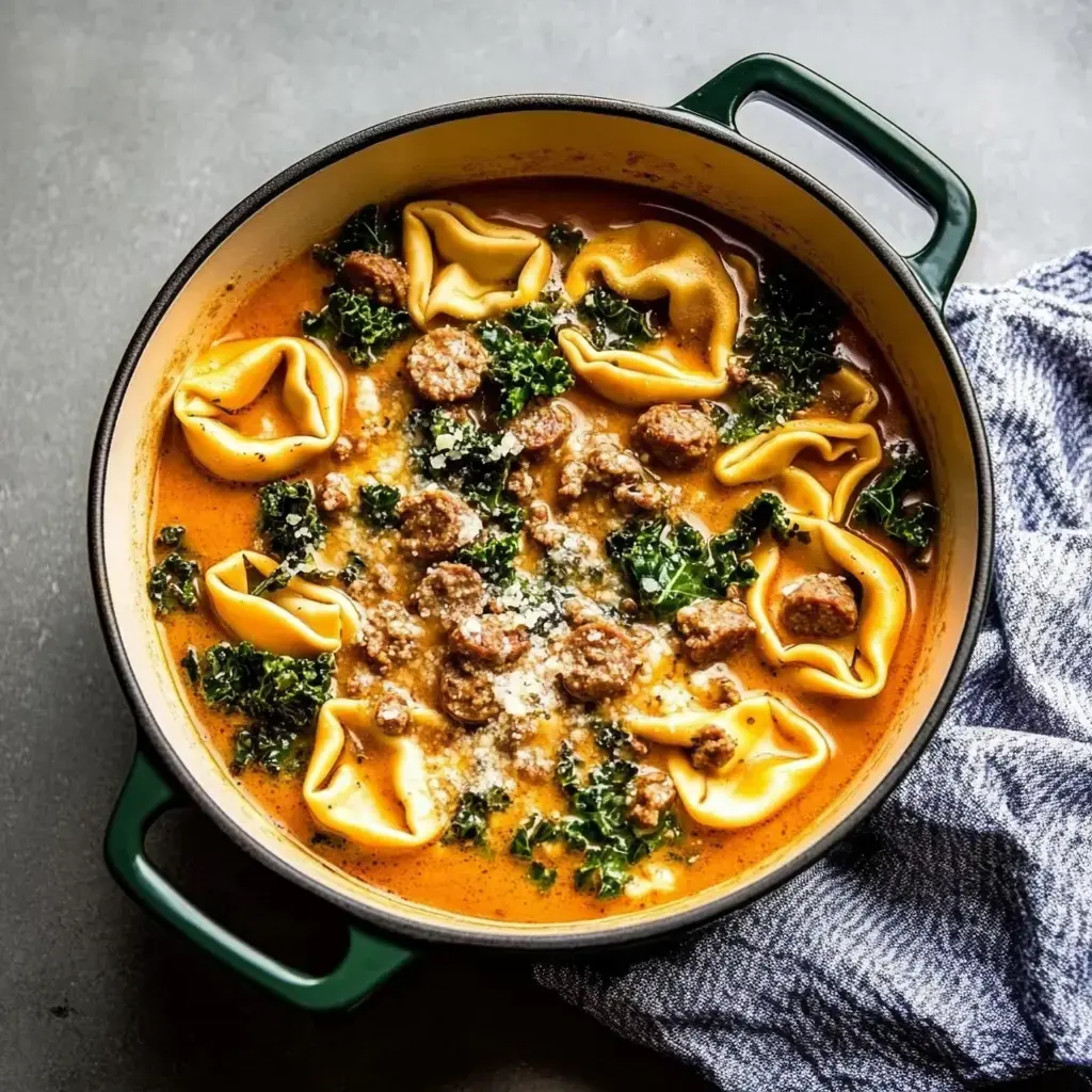 Ein Topf mit cremiger Suppe, gefüllt mit Tortellini, Wurst, Grünkohl und geriebenem Käse, daneben eine blau-weiße Serviette.