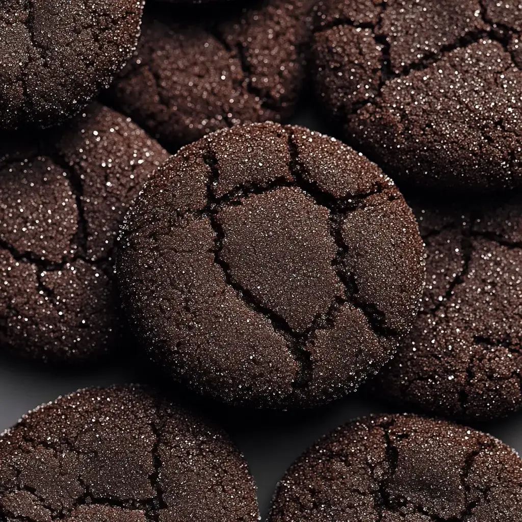 Eine Nahaufnahme von dunklen Schokoladenkeksen mit rissiger Oberfläche und funkelnder Zuckerschicht.