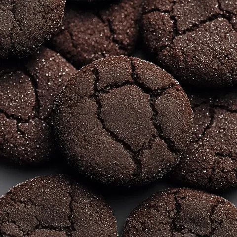 Eine Nahaufnahme von dunklen Schokoladenkeksen mit rissiger Oberfläche und funkelnder Zuckerschicht.