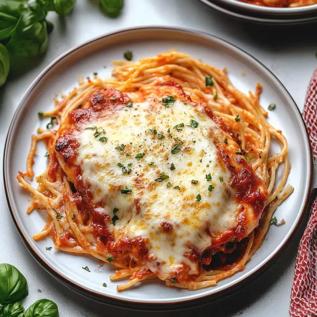 Ein Teller mit gebackenem Spaghetti-Hähnchen, überzogen mit geschmolzenem Käse und garniert mit Kräutern. Daneben frisches Basilikum.